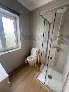 a bathroom with a toilet and a glass shower at Entre Mar e Vinhas RRAL Nº5668 in Biscoitos +16 photos