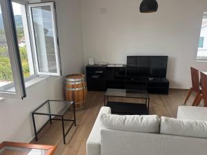 a living room with a couch and a tv and a table at Entre Mar e Vinhas RRAL Nº5668 in Biscoitos