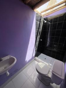 a bathroom with a toilet and a shower and a sink at Taroland in Máncora