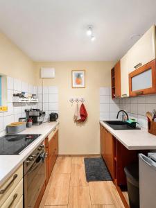 a kitchen with a sink and a stove top oven at Domek letniskowy Sarnowo, Skępe in Skępe