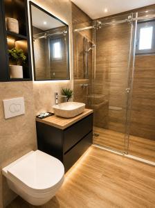 a bathroom with a toilet and a sink and a shower at Villa Lancana in Zvekovica +13 photos