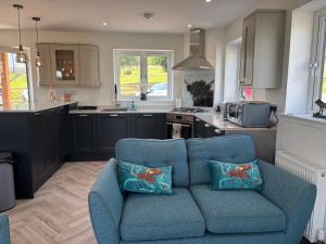 a living room with a blue couch in a kitchen at Swallows Lodge in Bathgate