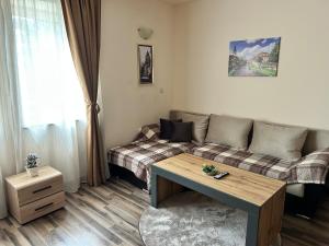 a living room with a couch and a table at Central apartment in Razlog