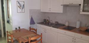 a kitchen with a wooden table and a table and a sink at Mazet du bonheur in Saint-Martin-de-Brômes