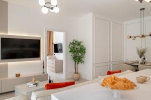 a white living room with a tv and a couch at A&R Residence Nest in Arad