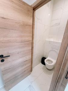 a bathroom with a toilet and a shower stall at AirportHouse in Charleroi