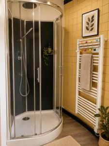 a shower with a glass door in a bathroom at Studio Notre Dame in Château-Chinon