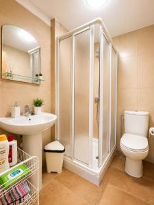 a bathroom with a shower and a toilet and a sink at Apartamento Mar de Carnota in San Mamede de Carnota +17 photos