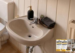 a bathroom sink with a soap dispenser on it at Herz Monteur City-Apartment Halberstadt Dom in Halberstadt