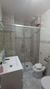 a bathroom with a shower and a toilet and a sink at Casa Ludi Valdeon in Prada