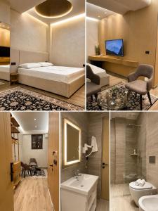 a collage of four pictures of a hotel room at Bujtina Apsus in Berat +119 photos