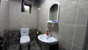 a bathroom with a sink and a toilet and a mirror at Village in Oğuz +10 photos