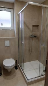 a bathroom with a shower and a toilet at Rekreačné domy pod Vlkolíncom in Ružomberok