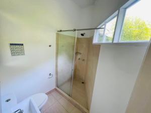 a bathroom with a shower with a toilet and a window at Hotel Mall Roma in Pereira