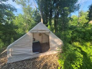 a white tent in the middle of a forest at Tiny Timber Tent in West Danby