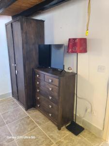 a dresser with a television and a lamp on it at La Finca Roja una in Málaga