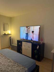 a living room with a tv and a person playing a video game at Die möblierten Apartments in Triesen