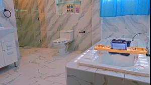 a bathroom with a sink and a toilet in it at takara stay in Delmas