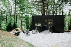 a black house in the middle of a forest at Postcard Cabins Lake Hartwell, Outdoor Collection by Marriott Bonvoy in Seneca