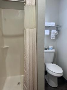 a bathroom with a shower curtain and a toilet at Golden Eagle Motel in Dorris +12 photos