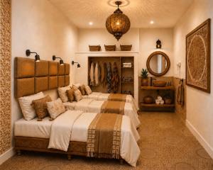 a bedroom with two beds and a mirror at Ocean Wings House in Rbat