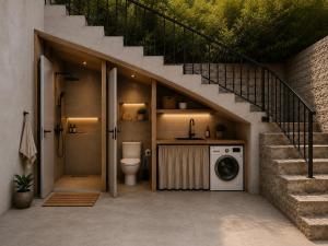 a bathroom with a washer and dryer under a staircase at Ocean Wings House in Rbat