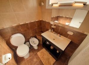a bathroom with a toilet and a sink at Casa Valdés in Puerto Pirámides +6 photos