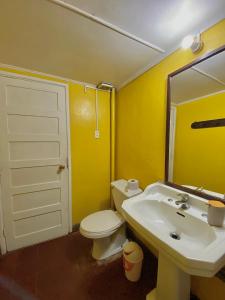 a bathroom with a sink and a toilet and a mirror at Cabañas Deisy in Valdivia