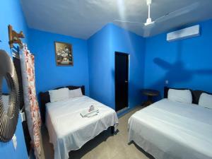 a blue room with two beds and a table at HotelMariaAngela in Dzuiché