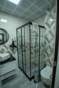 a bathroom with a toilet and a glass shower at saffari otel in Ankara +46 photos