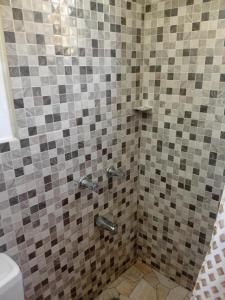 a bathroom with a tiled shower with a toilet at Cozy Room with fast Internet & Netflix in Whitehall +34 photos