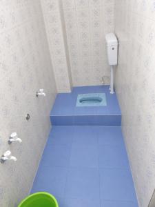 a bathroom with a toilet with a blue floor at Siddhi palace in Maihar