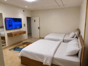 a bedroom with two beds and a flat screen tv at GREAT PYRAMIDS View lodge in Cairo