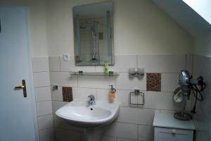 a bathroom with a sink and a mirror at Ferienwohnung Luise Blum in Steffeln