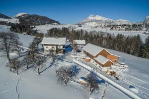 eine Luftansicht eines schneebedeckten Hauses in der Unterkunft Bauernhof-Laimerhof in Bad Aussee
