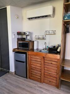 a kitchen with a sink and a microwave at Farm Suite Bienteveo in Naranjito