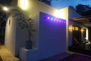 ein Haus mit violetten Lichtern an der Seite in der Unterkunft Ward 58 in Wellawaya