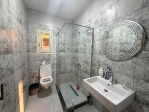 a bathroom with a sink and a shower and a toilet at 树屋民宿 in Cairo