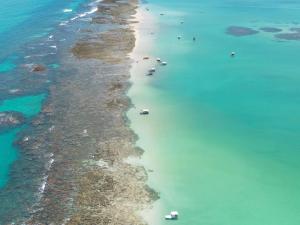 an aerial view of a beach with boats in the water at Ibis Styles Maragogi in Maragogi
