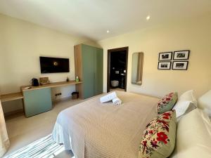 a bedroom with a bed and a tv on the wall at Casaromatica in Pigna