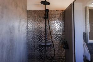 a shower in a bathroom with a tile wall at 3 ALOES GUESTHOUSE in Uis +52 photos