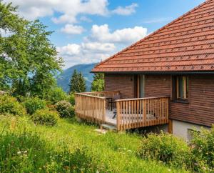 a house with a deck with mountains in the background at Frankenfelsberg in Oedrotte