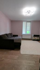 a living room with a couch and a window at Хата над гуком in Kosiv