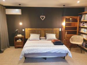 a bedroom with a large bed and a book shelf at La Pastorale in Nyons +22 photos
