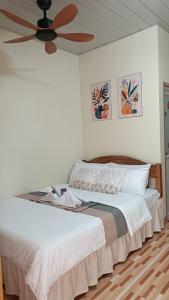 a bedroom with a bed with a ceiling fan at Victoria's Inn in Siquijor