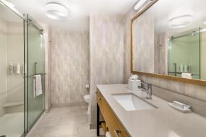 a bathroom with a sink and a shower at Hampton Inn Schenectady Downtown in Schenectady +20 photos