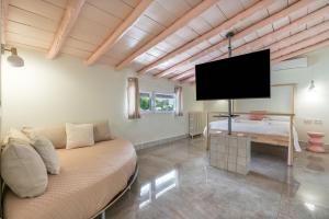 a bedroom with a bed and a flat screen tv at Raízes 22 - Apartamento 6 in Puebla de Don Fadrique