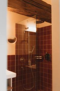 a bathroom with a shower with a glass door at Casa Caminada in Fürstenaubruck +33 photos