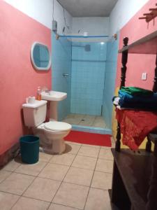 a bathroom with a toilet and a glass shower at House the Cats in Panajachel