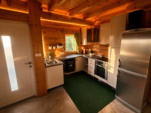 a kitchen with a refrigerator and a green floor at Hiška Miru Peace Cabin in Mozirje